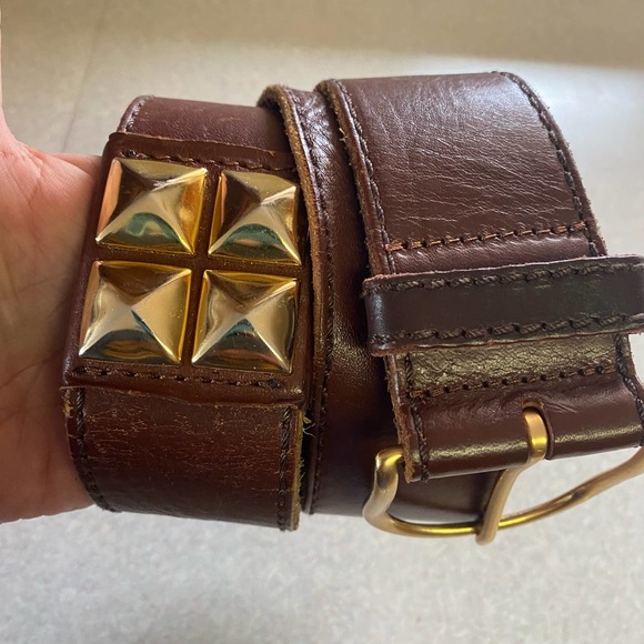 Linea Pelle Brown Leather Gold Studded Preppy Chunky Granola Coastal Wai… - Picture 2 of 10